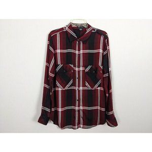 Sanctuary long tab snap sleeve plaid red black long length rayon blouse M‎